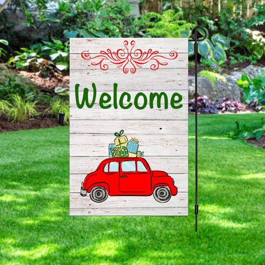 Welcome Red Car Garden Flag