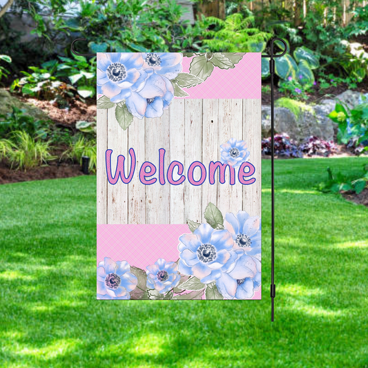 Welcome White Wood Blue Flowers Garden Flag