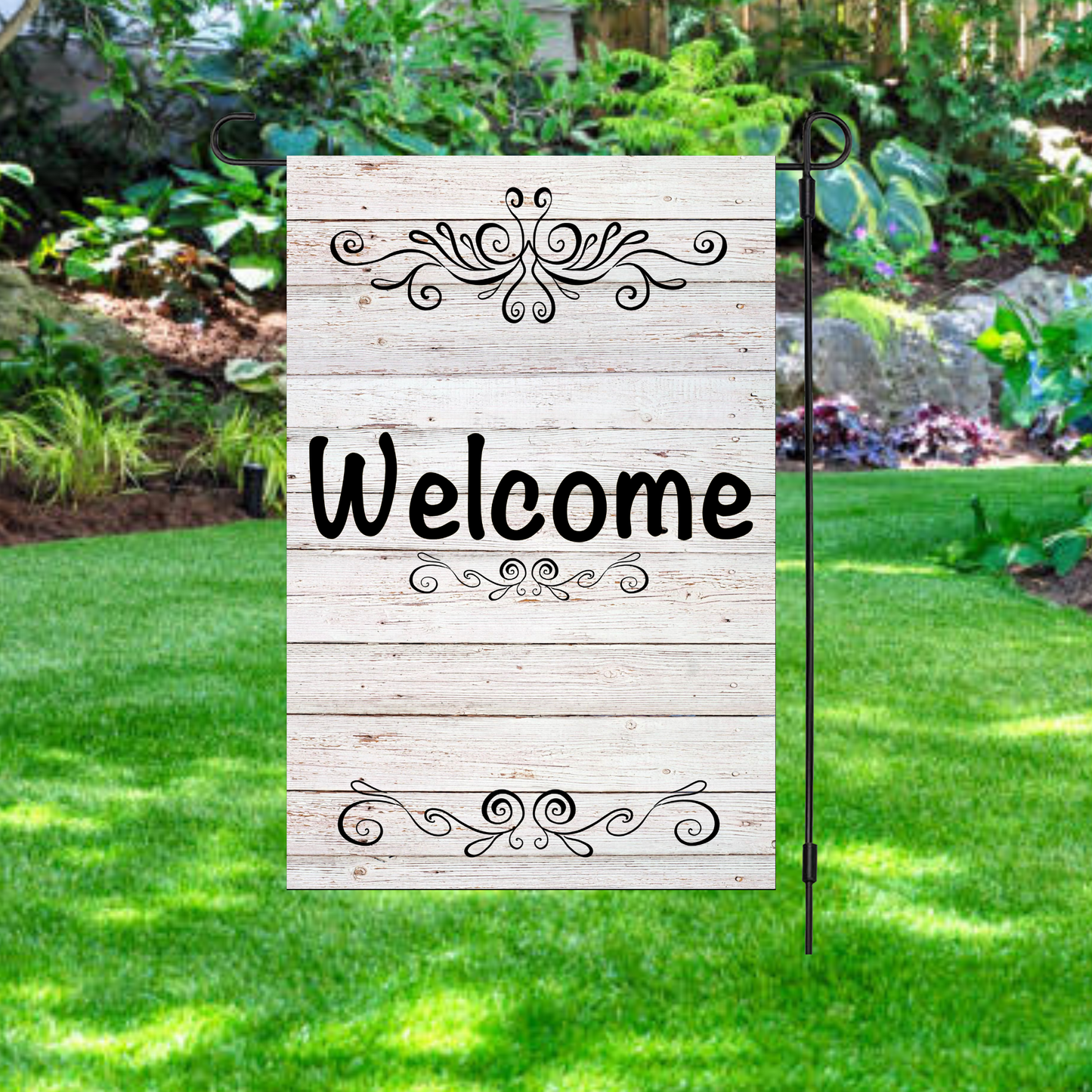 Welcome White Wood Garden Flag