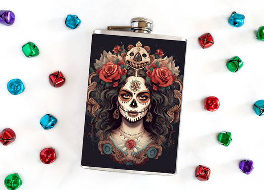 Sugar Skull Flask with Pink Roses