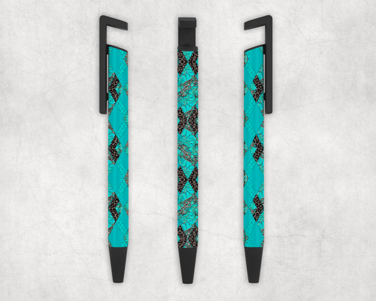 Teal/Leopard Print Geometric Shapes Pen