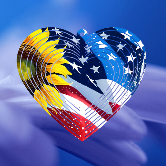 American Flag With Sunflower Heart-Shaped Wind Spinner