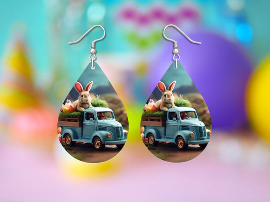 Blue Bunny Truck Teardrop Earrings