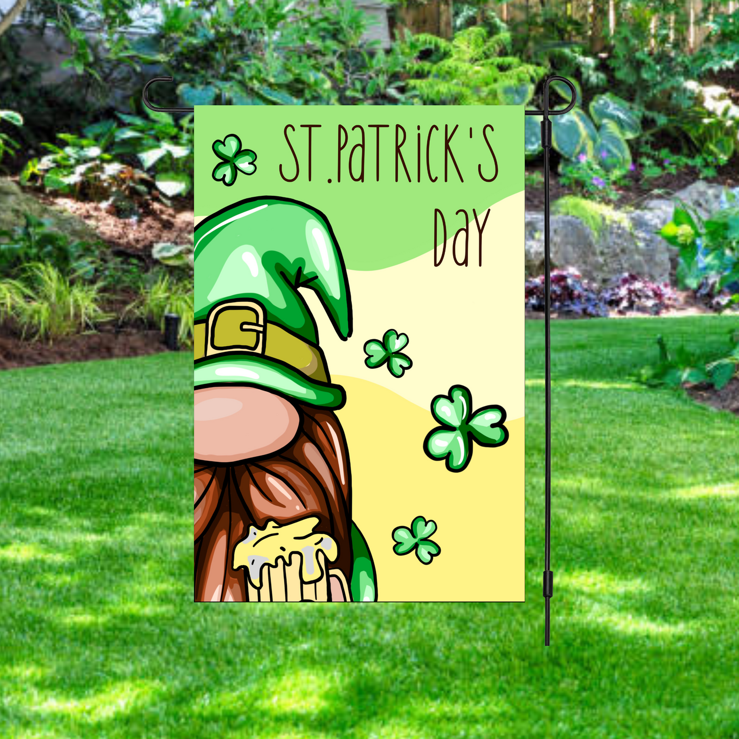 St. Patty's Day Shamrocks and Gnome Garden Flag