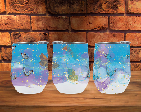 Blue/Purple/Gold Butterflies Wine Glass Tumbler