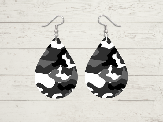 White/Grey/Black Camo Teardrop Earrings