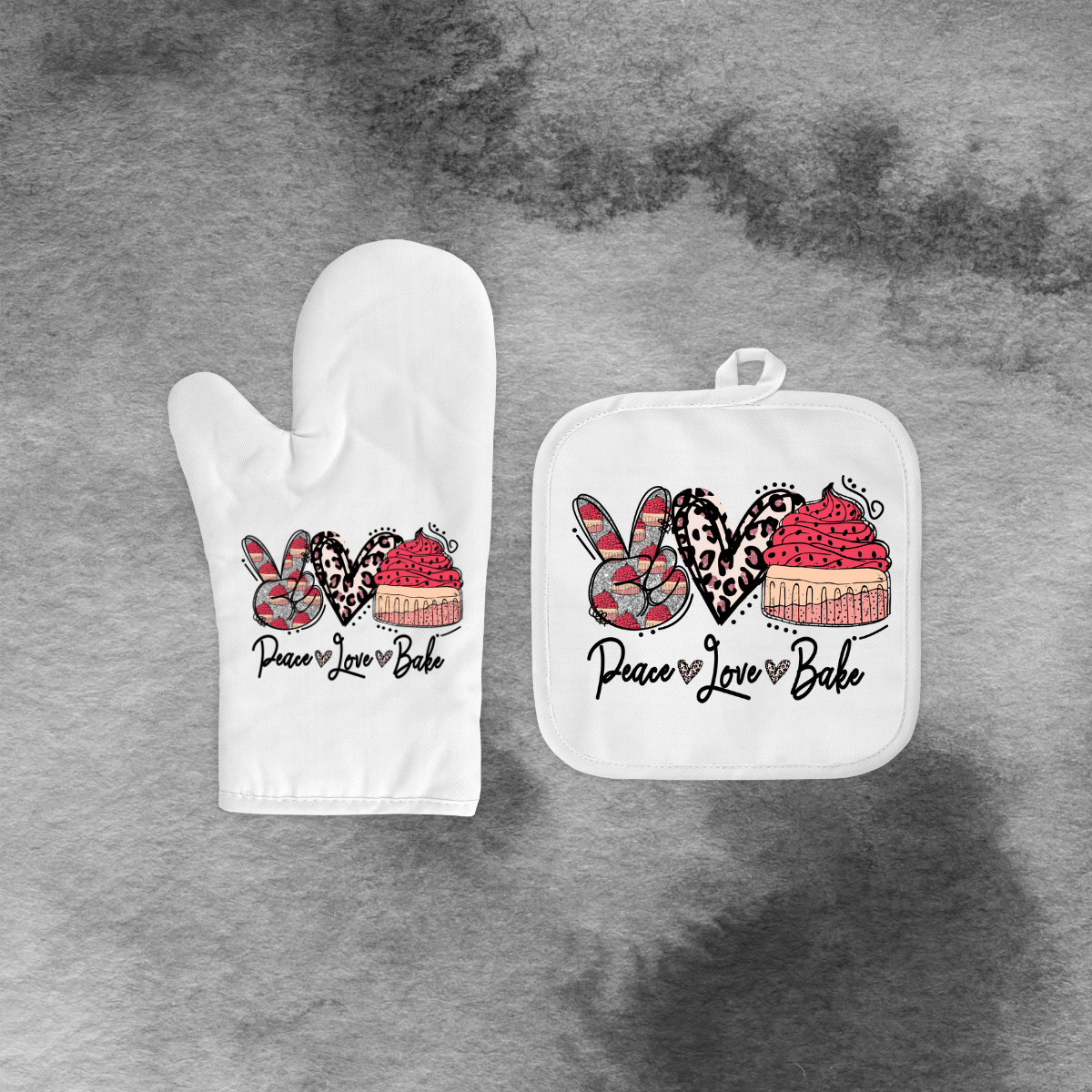 Peace Love Bake Mitt and Pot Holder Set