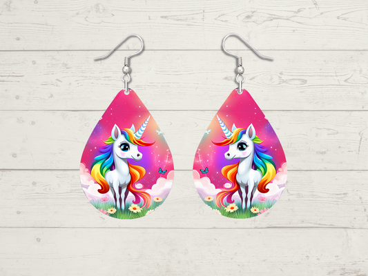 Unicorn In Daisy Field Teardrop Earrings