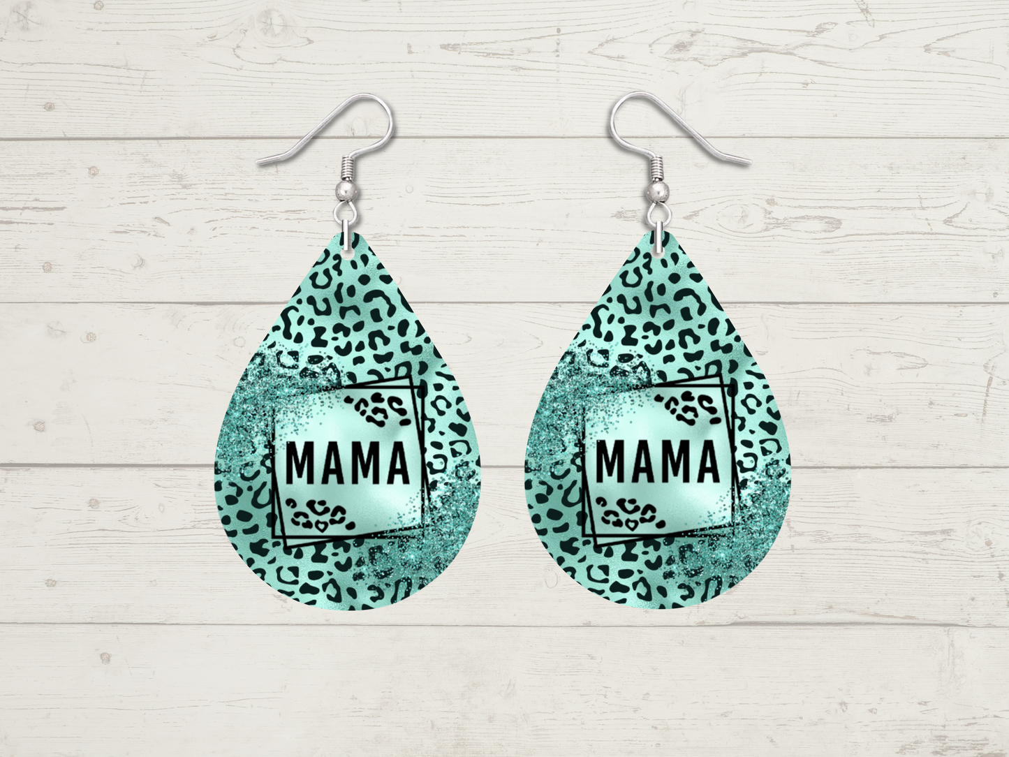 Mama Leopard Print Teal Teardrop Earrings