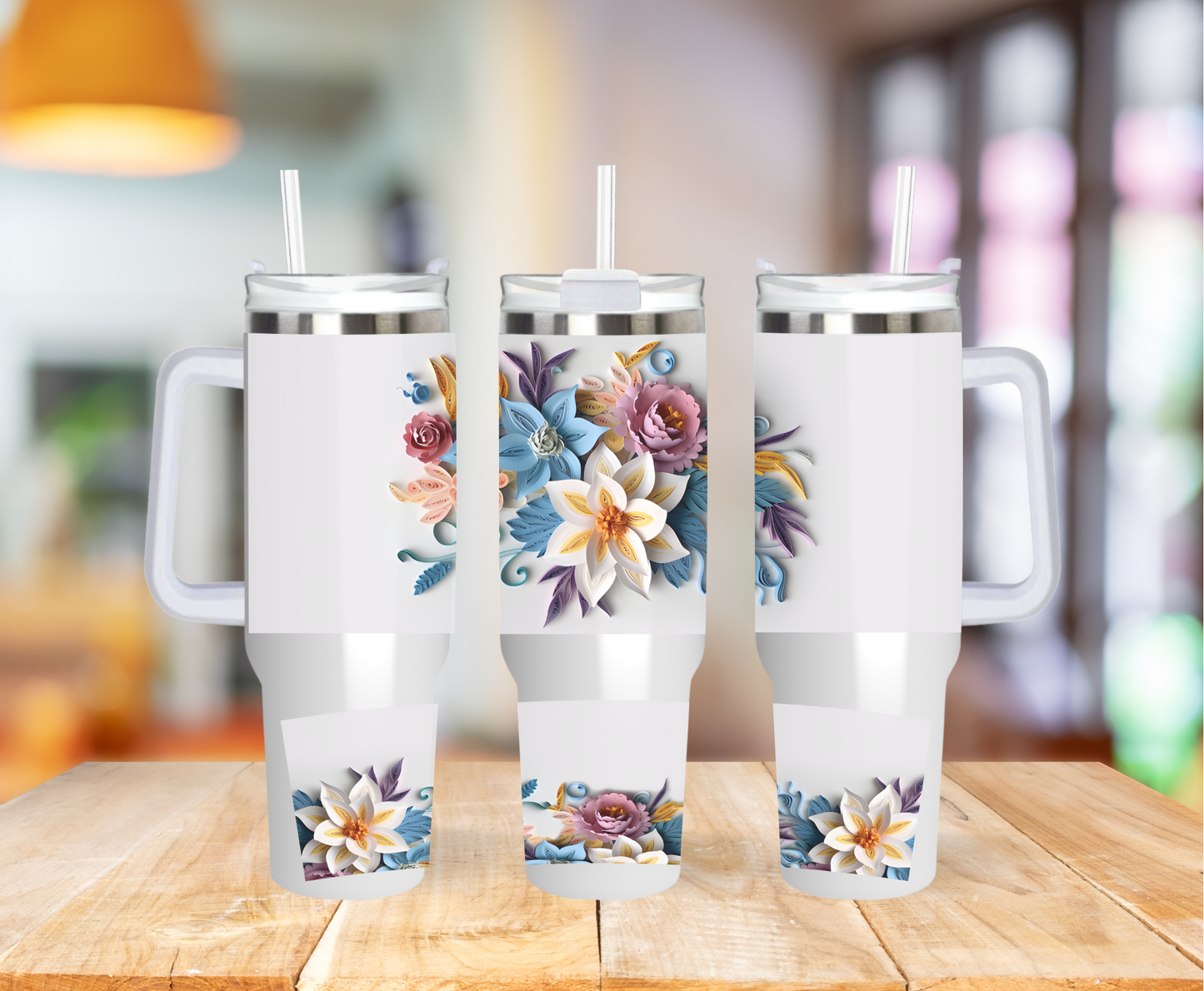 3D Blue Pink White Floral 40 ounce Coffee Mug Tumblers