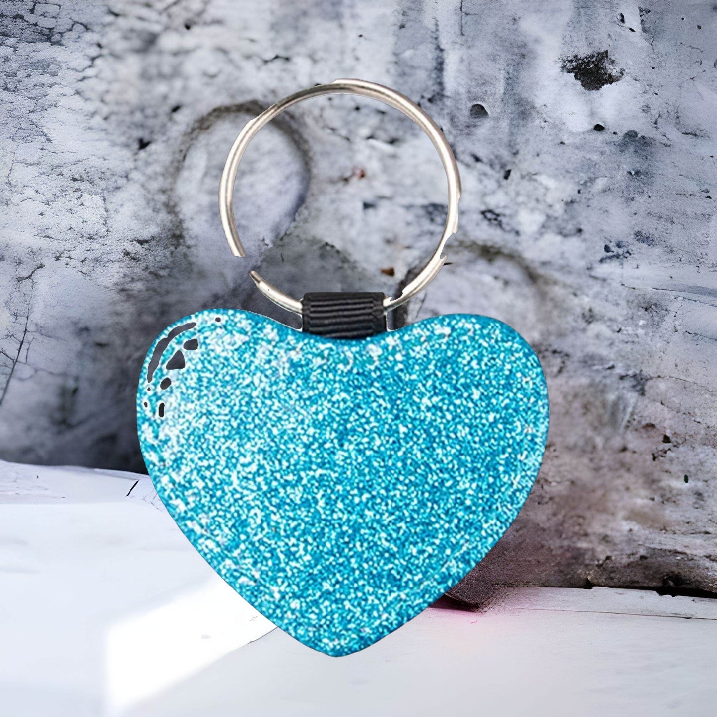 Photo Heart Shaped Glitter Leather Keychain