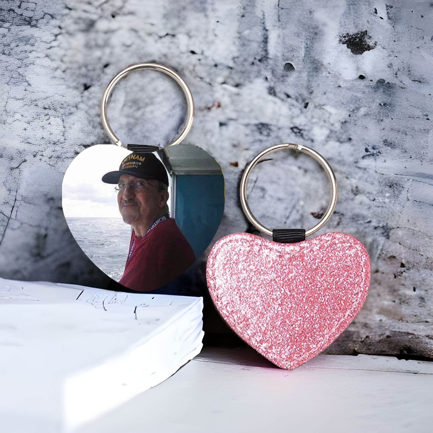 Photo Heart Shaped Glitter Leather Keychain