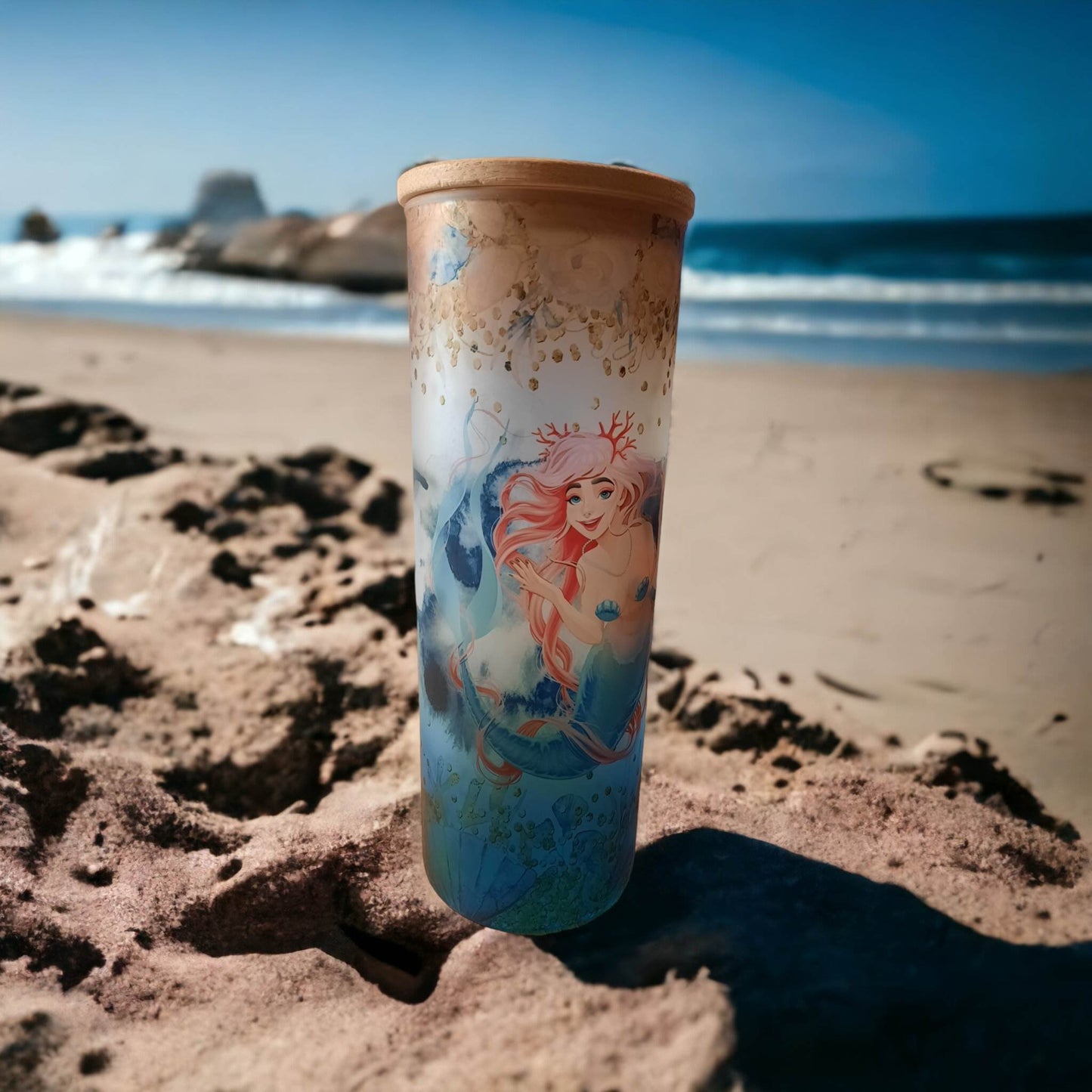 Mermaid 25 oz Glass Ombre Tumbler with Bamboo lid