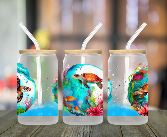 Turtle Ocean Frosted Glass Can