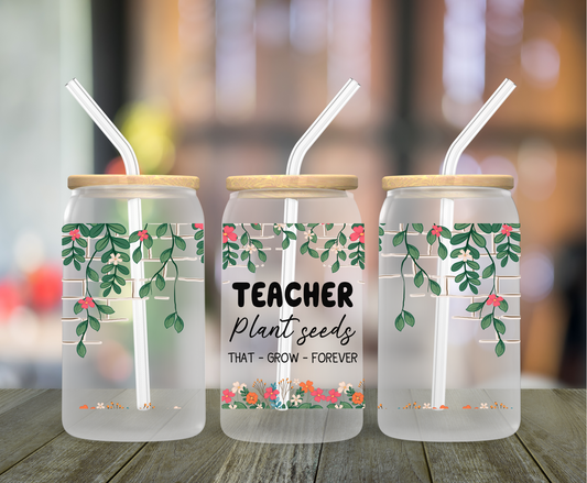 Floral Teacher Frosted Glass Can